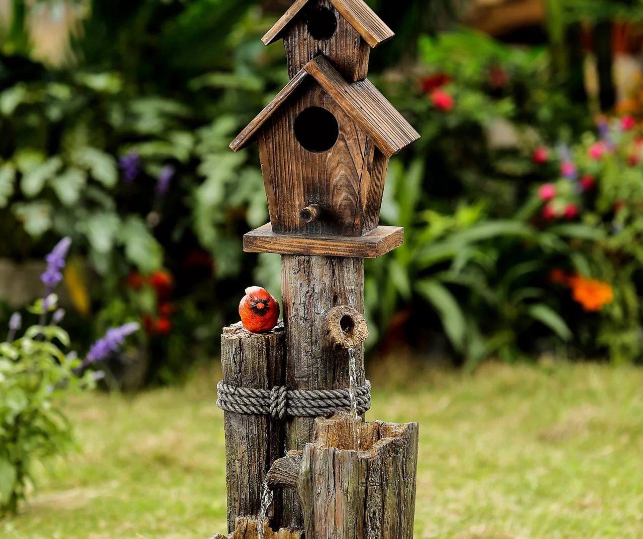 Cardinal & Birdhouse Tiered Water Fountain 1 Cardinal & Birdhouse Tiered Water Fountain