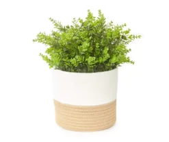 14" Artificial Greenery In White & Tan Cotton Rope Pot