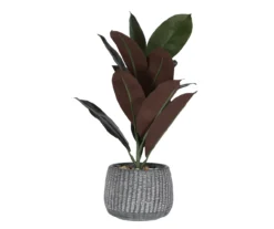 Artificial Red & Green Leaf Plant In Carved Cement Pot