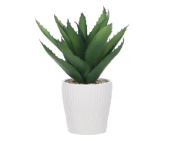 Artificial Aloe Plant In White Ribbed Ceramic Pot