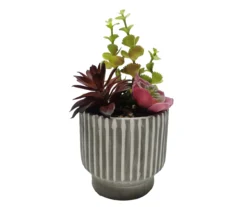 Artificial Succulent Arrangement In Gray Ribbed Raised Cement Pot