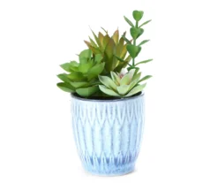 Artificial Succulent Arrangement In Blue Ceramic Pot