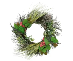 22" Green & Red Eucalyptus & Wheat Harvest Wreath