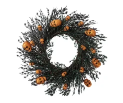 22" Orange Glitter Skull & Black Spider Twig Wreath